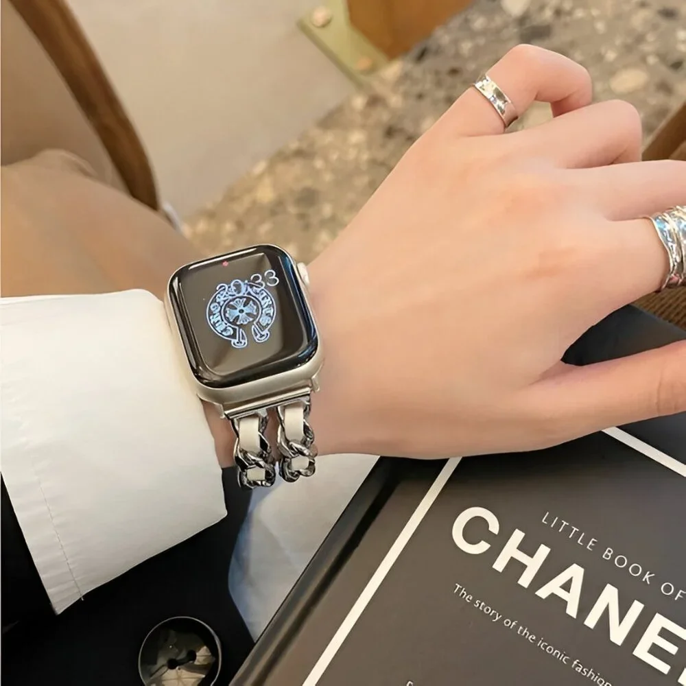 Apple Watch Band Luxury Adjustable Stylish Strap Silver Stainless Chain White